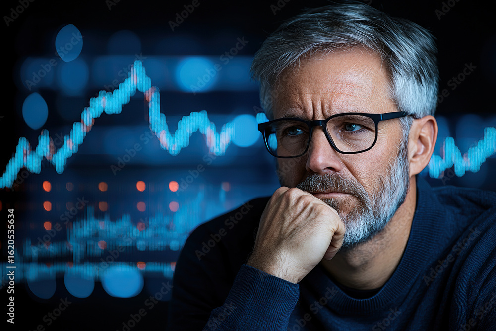 Poster close up of finance expert analyzing real time market trends with thoughtful expression, surrounded 