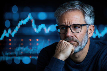 Close up of finance expert analyzing real time market trends with thoughtful expression, surrounded by digital graphs and data visualizations