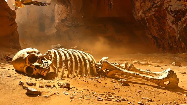 Haunting image of a skeleton in a desert cave, symbol of mortality and the harshness of life