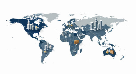 Naklejka premium Globalization concept with a stylized world map featuring skyscrapers and resource icons for international business and trade.