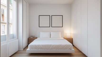 Clean modern bedroom with minimalist white bed wooden nightstands and empty picture frames