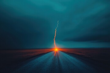 Lightning strikes over a long desolate road at night