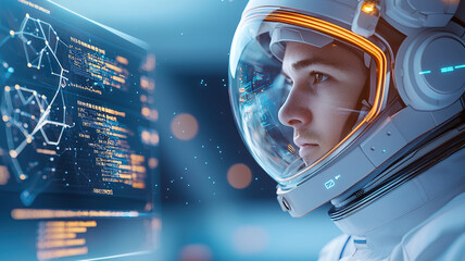 Close up of astronaut futuristic space environment, focused digital interface displaying data and graphics. scene conveys sense of exploration