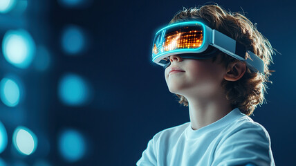 Young boy wearing futuristic virtual reality goggles, immersed in digital experience, showcasing curiosity and wonder