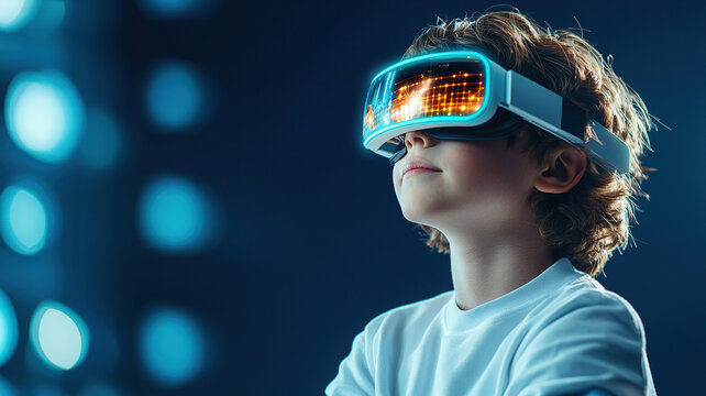 Young boy wearing futuristic virtual reality goggles, immersed in digital experience, showcasing curiosity and wonder