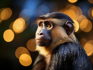 Wildlife Close-Up of a Talapoin Monkey with Expressive Eyes and Bokeh
Angolan Talapoin with Gentle Expression in a Natural Jungle Light Setting