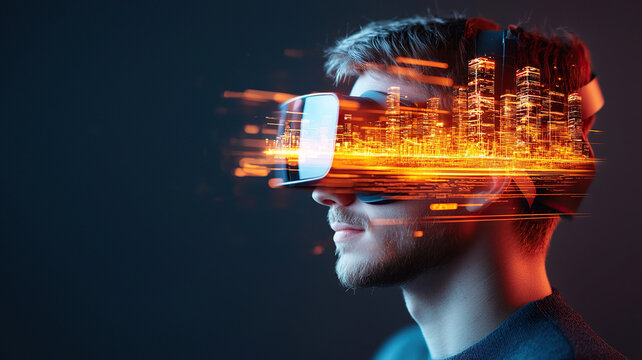 Immersive virtual reality experience with headset showcasing vibrant cityscape. futuristic scene evokes excitement and innovation