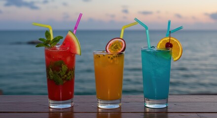 Refreshing Tropical Cocktails Served on a Wooden Bar Overlooking a Serene Ocean Horizon at Sunset