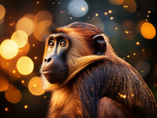 Angolan Talapoin Monkey Resting in a Soft and Colorful Forest Light Scene
Wildlife Close-Up of a Talapoin Monkey with Expressive Eyes and Bokeh