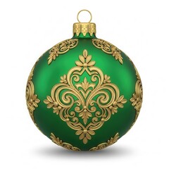 A green christmas ornament with gold ornate patterns