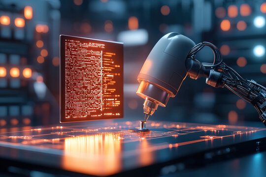 Robotic arm interacts with digital display, showcasing intricate data processing futuristic environment. scene conveys innovation and technology - Powered by Adobe