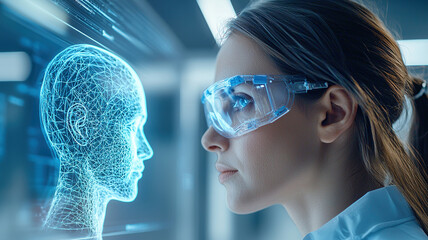 Focused scientist wearing protective glasses examines holographic 3D model of human head, showcasing advanced technology and innovation