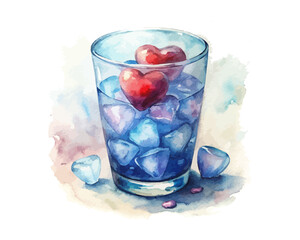 watercolor water glass with Heart-shaped Ice Cubes vector illustration isolated on white background
