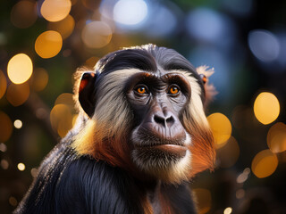 Close-Up of a Rare African Monkey with Circular Bokeh Background
Angolan Talapoin with Distinctive Facial Features in a Jungle Light Scene
