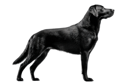 Black labrador dog profile studio photography minimalist side view. Isolated on transparent background, png.