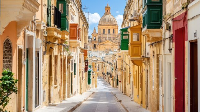 Narrow European street lined with historic buildings ornate balconies and a distant dome
