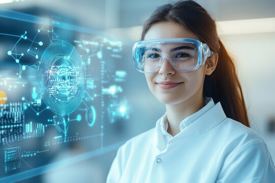 Innovative STEM student wearing augmented reality glasses, engaged in advanced technology and research, showcasing bright future in science