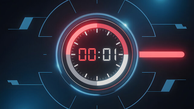Futuristic countdown timer one second remaining glowing in neon red and blue, perfect for video game intro