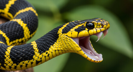 Fototapeta premium Striking Black and Yellow Snake with Open Mouth Showing Fangs