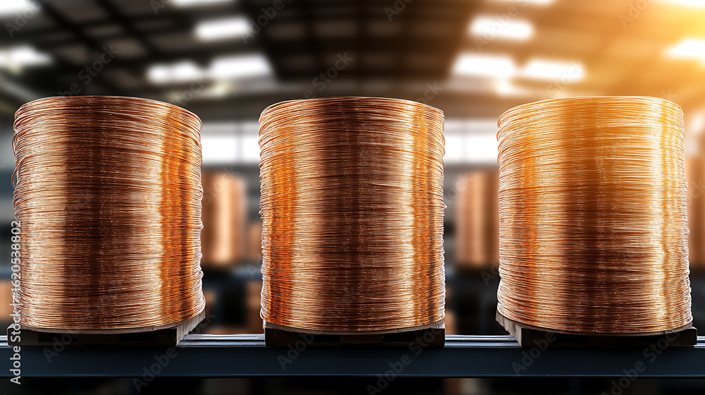Poster shiny spools of freshly produced copper wiring rest on a conveyor belt in the factory awaiting furth