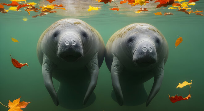 Pair of Gentle Gray Manatees Swimming Underwater with Fallen Autumn Leaves