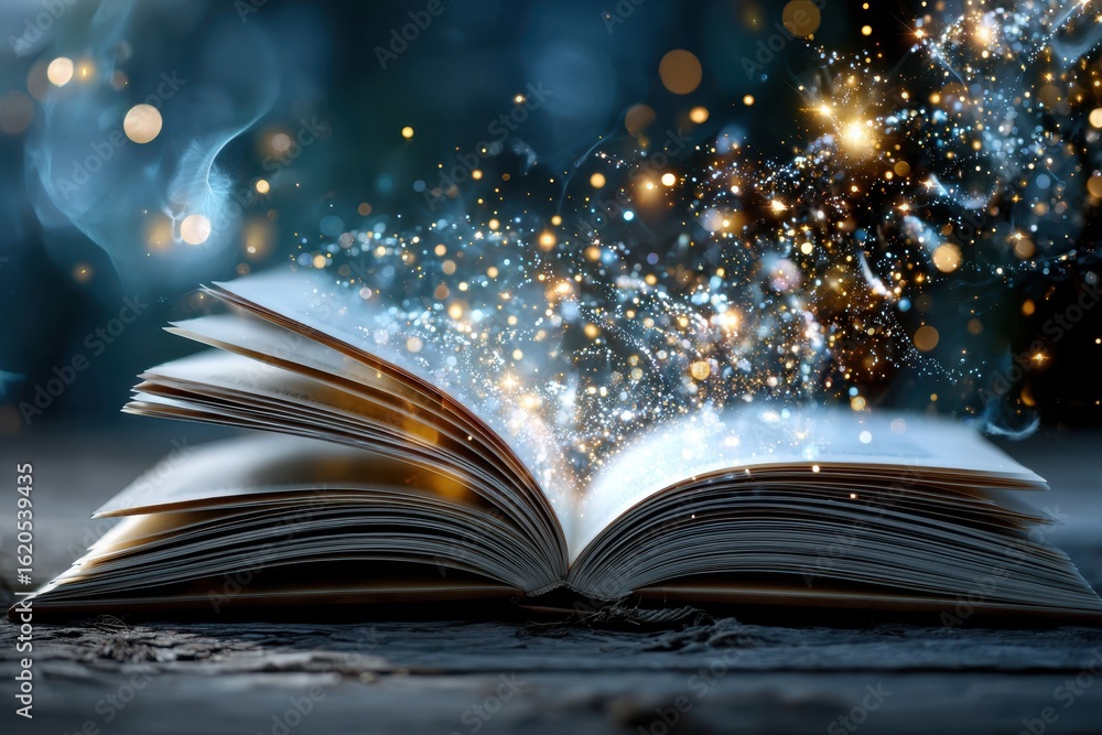 Poster magic emerges from an open book glowing with vibrant sparks in a mystical setting
