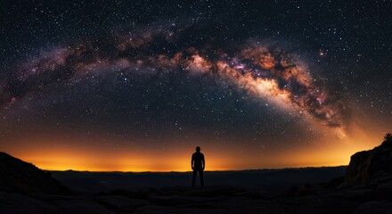 Fototapeta premium A lone stargazer contemplates the vastness of the Milky Way galaxy from a desert landscape