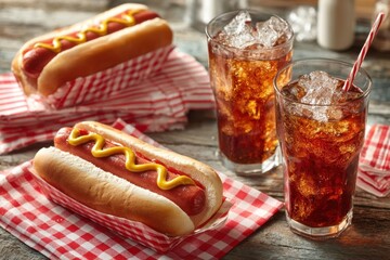 Enjoying hot dogs and sodas at a summer picnic outdoor gathering food photography casual setting close-up view