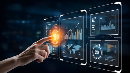 Innovative technology with touch interface displays global business data trends in real time analysis