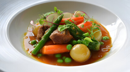 Elegant Spring Lamb Stew with Fresh Vegetables and Herbs in a Gourmet Presentation