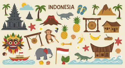 Colorful Cartoon Icons of Indonesian Landmarks and Cultural Symbols