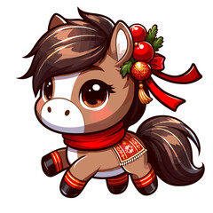 Cute chibi horse wearing New Year decorations on transparent background, Chinese New Year horse, New Year symbol, vector horse