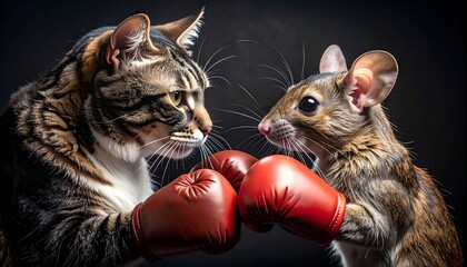 A brave rat squares off against a cat in a comical boxing bout, tiny fists flying in defiance, capturing an unexpected clash of courage, instinct, and absurd charm.