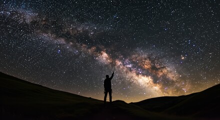 Fototapeta premium A lone stargazer marvels at the vastness of the Milky Way galaxy stretching across the night sky above rolling hills