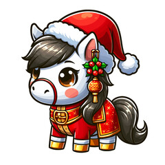 Chibi horse in Santa hat with holiday decorations on transparent background, Chinese New Year horse, New Year symbol, vector horse
