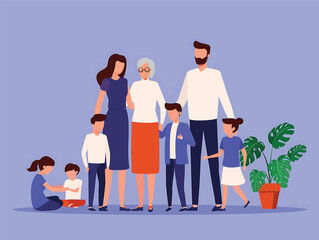 Large happy family portrait with parents, grandmother, and children. Multi-generational vector illustration.