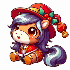 Cute chibi horse wearing holiday costume on white background, Chinese New Year horse, New Year symbol, vector horse