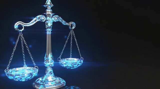 A shimmering crystal scale balances on a dark background, symbolizing justice and fairness