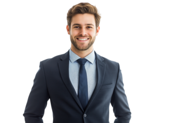 Portrait of a handsome young businessman in suit, smiling on face with glasses, isolated on transparent background