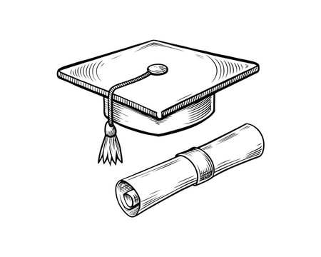 Graduation cap and diploma scroll in hand-drawn line style with black outline for school ceremony visuals, success achievement, and education milestone icons on transparent background