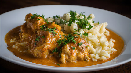 Traditional Hungarian Chicken Paprikash with Nokedli Dumpling on a White Plate Garnished with...