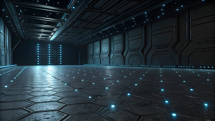 Dark futuristic sci-fi interior with hexagonal floor and blue illuminated panels abstract architecture