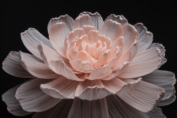 A delicate pink fabric flower blooms with intricate petals against a dark background