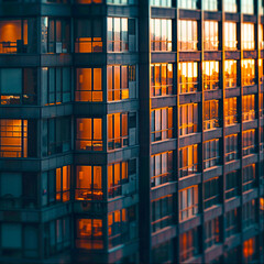 Fototapeta premium Modern glass office tower with reflective facade capturing golden sunset in downtown cityscape