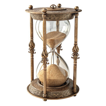 Antique ornate hourglass with sand isolated on transparent background