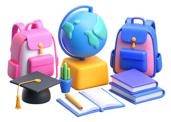 3d School and education icons 3d render vector set. School bag, globe, open book, brush, pencil, pen, graduation hat, glasses,back to school, book, brush, classroom, college, creativity, e