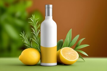 A sleek bottle with a yellow bottom, surrounded by fresh lemons, rosemary sprigs, and green leaves, set against a warm, blurred background, showcasing a fresh, natural theme.