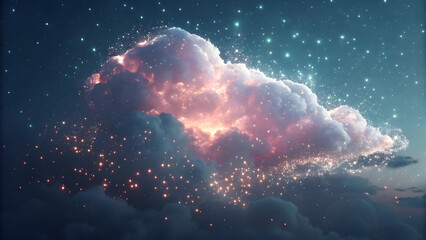 Dreamy glowing cloud illuminated by pink light and sparkling stars abstract atmosphere technology, background, new, latest, web, ai background, futuristic hud, cyber security, neural network, data 