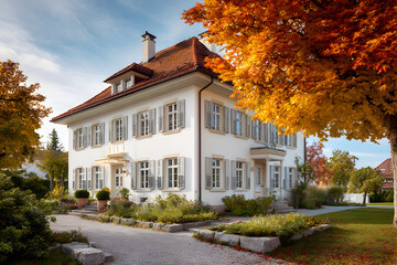 Charming White House Surrounded by Vibrant Autumn Foliage in a Scenic Suburban Setting