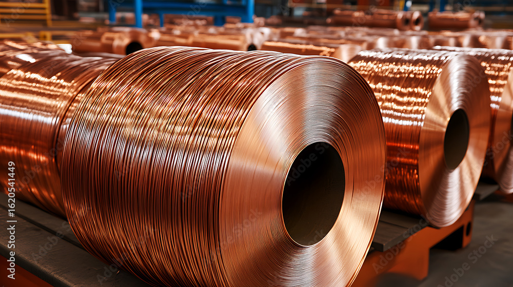 Poster large spools of copper wire are arranged in rows, showcasing the manufacturing process and readiness